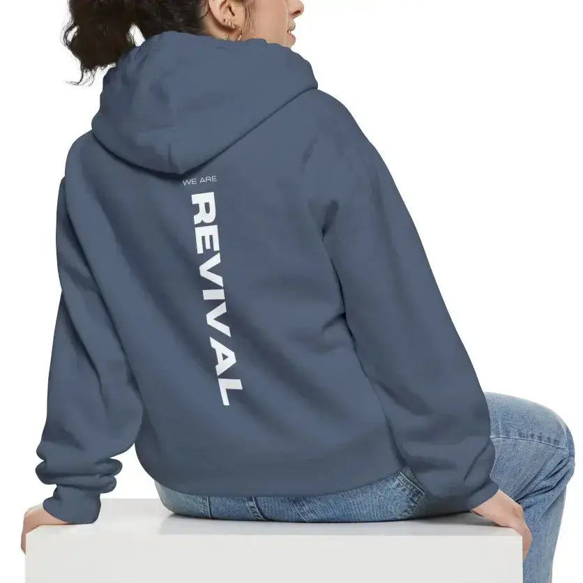Blue denim hoodie with letter print and front pocket, modern streetwear style from Plush Fashion Hub.