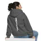 Blue denim hooded sweatshirt with letter print from Plush Fashion Hub, modern streetwear hoodie with casual style.