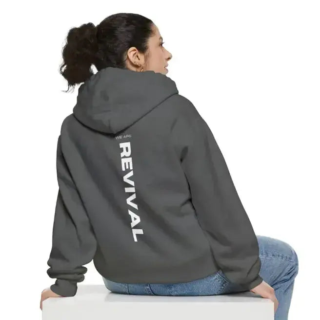 Blue denim hooded sweatshirt with letter print from Plush Fashion Hub, modern streetwear hoodie with casual style.
