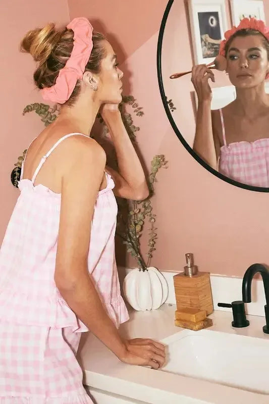 Lime 'N' Chili Gingham Ruffle Trim Cami and Shorts Pajama Set - Plush Fashion Hub