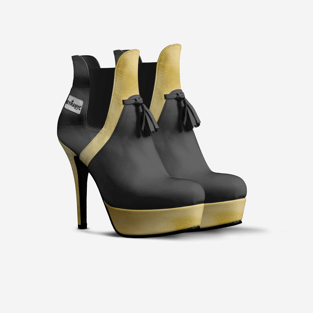 Black and gold heeled ankle boots with tassels and a platform sole on a white background.