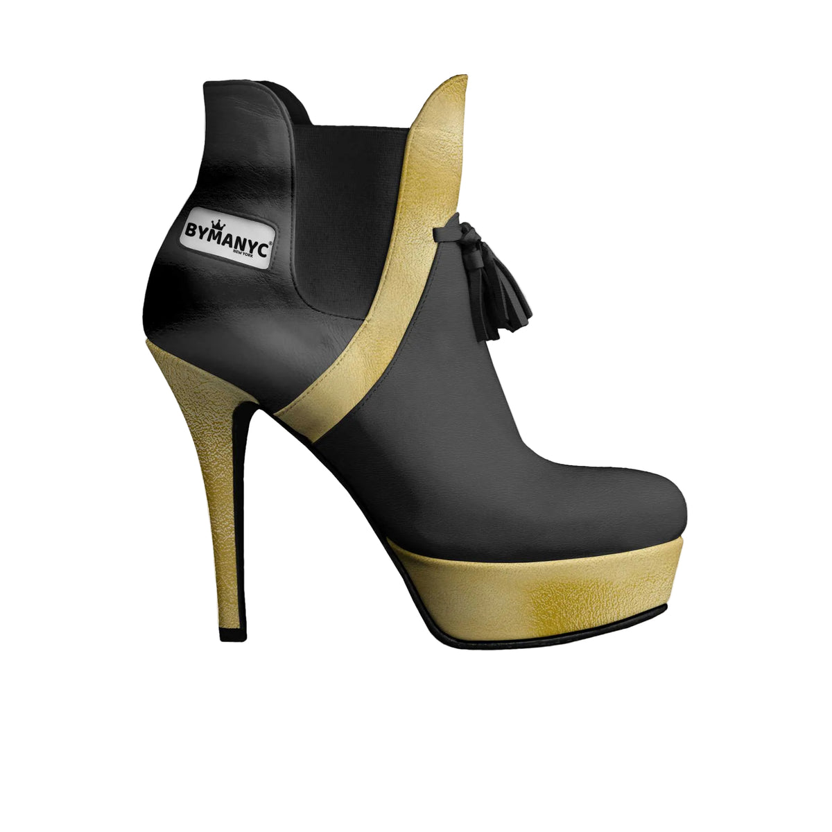 Black and gold heeled boot with platform sole, side tassel, and white logo badge on the outer ankle.