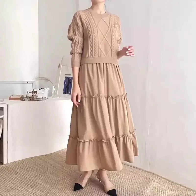 Loose Long-sleeved Cable Knit Split-joint A-line Dress - Plush Fashion Hub