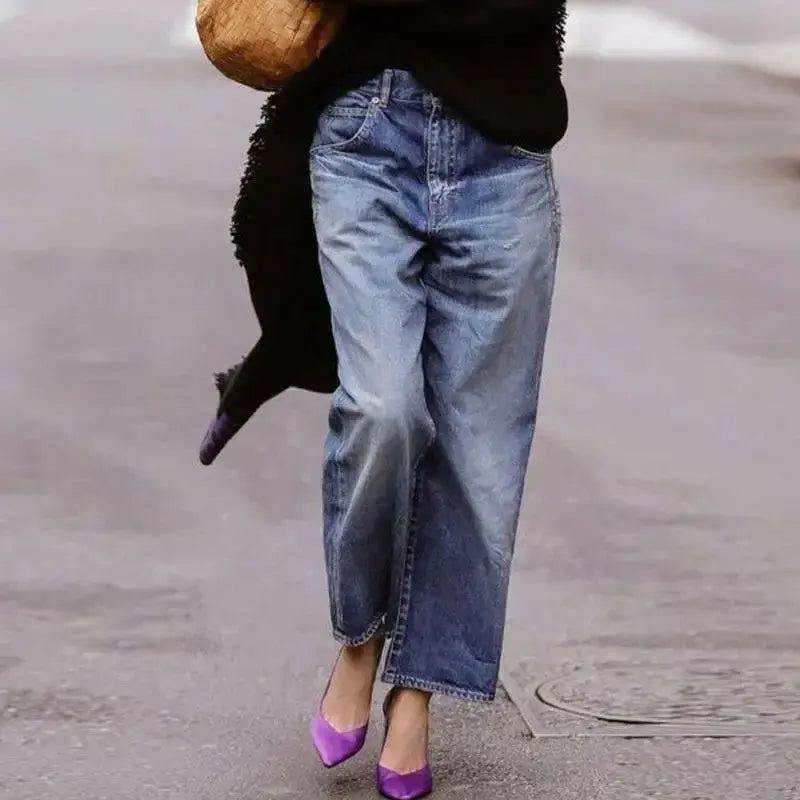 Women's loose mid-waist straight-leg casual jeans by Plush Fashion Hub, showing relaxed fit and classic denim style.
