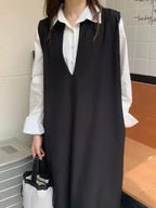 Loose v-neck sleeveless long vest dress in minimalist style, designed for layered midi look by Plush Fashion Hub.