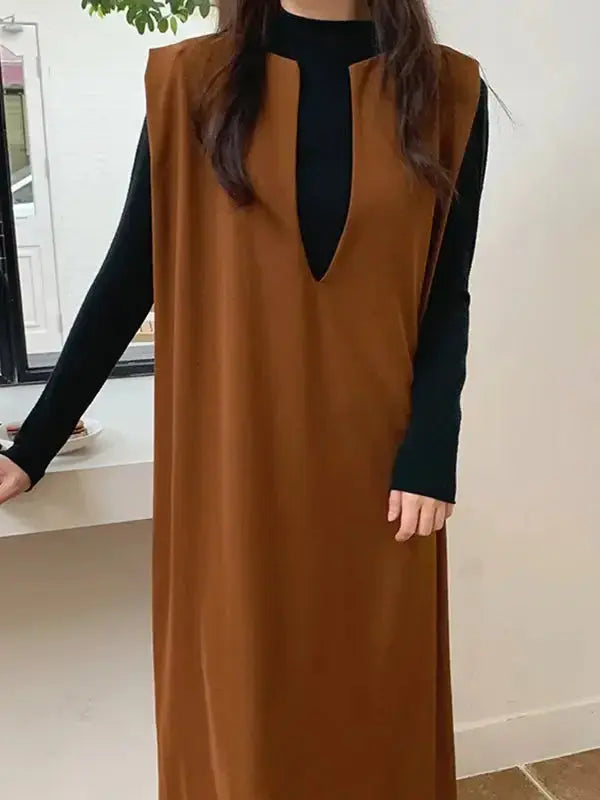 Loose V-neck sleeveless long vest dress by Plush Fashion Hub, minimalist layered midi dress, perfect for casual or layered styling.