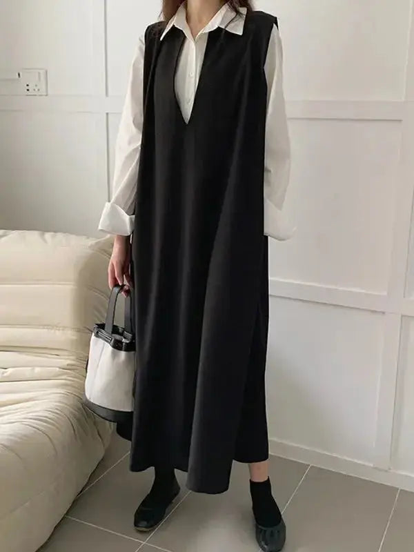 Loose V-neck sleeveless long vest dress from Plush Fashion Hub, minimalist layered midi dress, perfect for casual or stylish wear.
