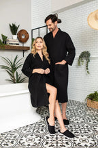 Knee-length waffle robe for women by Plush Fashion Hub, featuring a cozy textured fabric and relaxed fit.