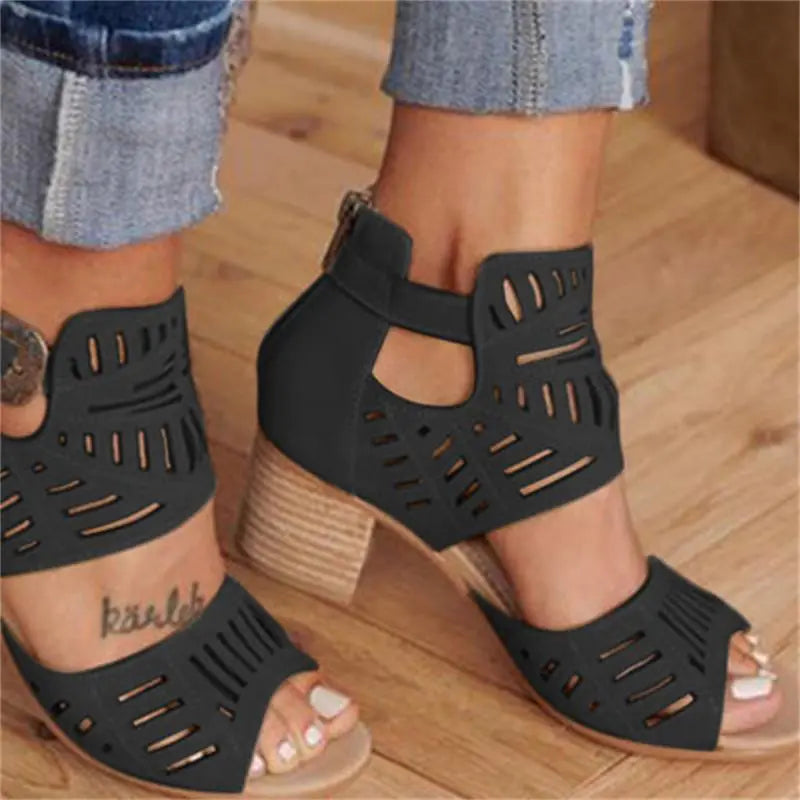 Women's floral cutout chunky heel sandals by Trendy Attic Store01 featuring open toes and stylish design.