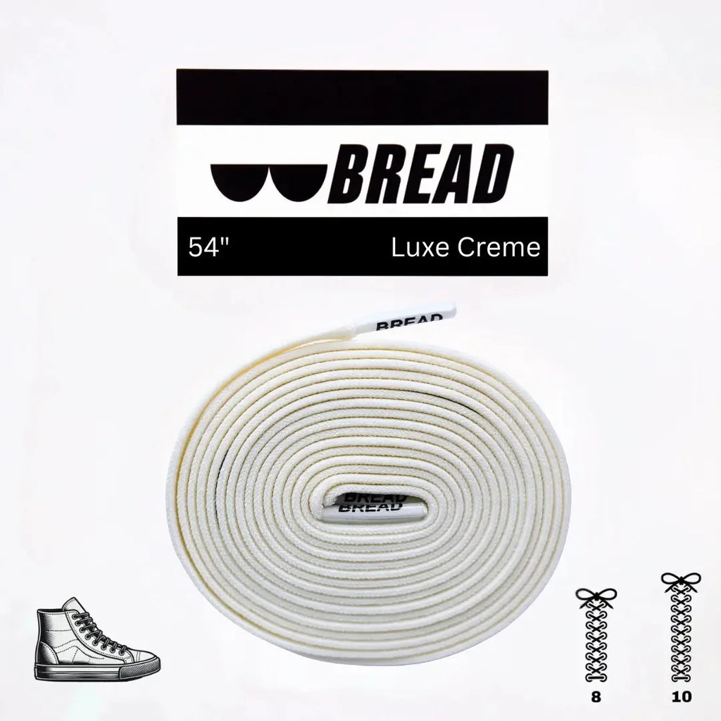 Elastic shoelace labeled Luxe Creme by Plush Fashion Hub, shown in a close-up image with a smooth, cream-colored finish.