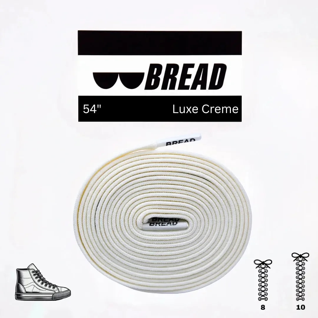 Elastic shoelace labeled Luxe Creme by Plush Fashion Hub, shown in a close-up image with a smooth, cream-colored finish.