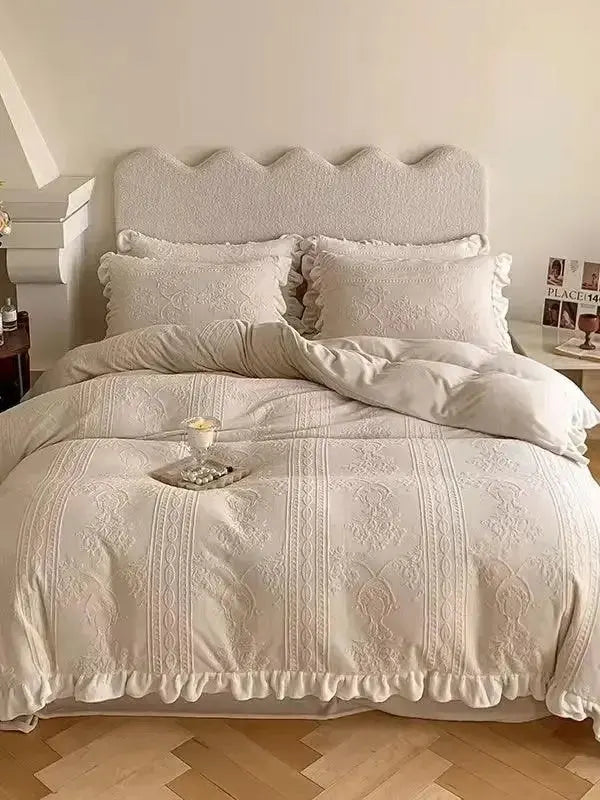 Warm 3D printed coral fleece bed set by Plush Fashion Hub with four soft, plush comforter pieces for cozy bedding.