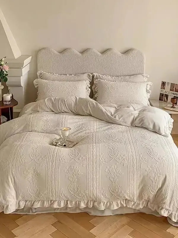 Warm 3D printed coral fleece bed set by Plush Fashion Hub with four soft, plush bedding pieces for cozy comfort.