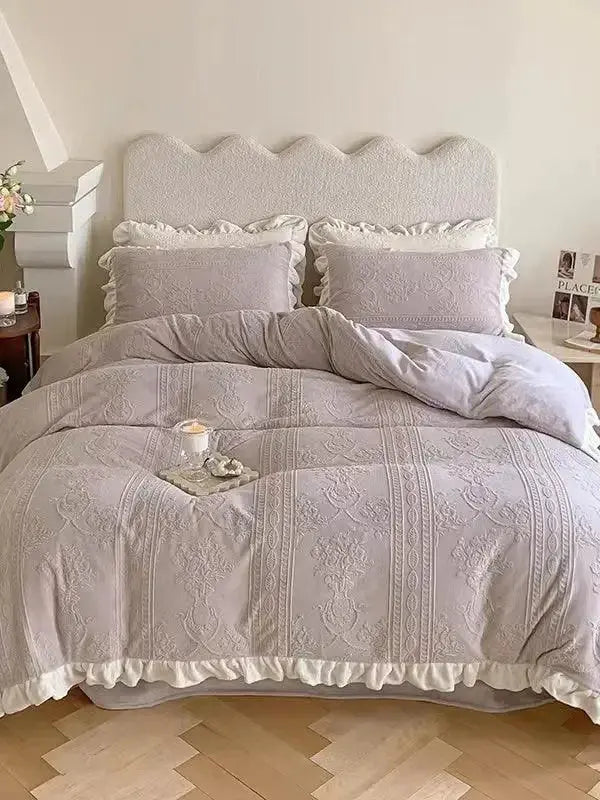 Plush Fashion Hub warm 3D printed coral fleece bedding set with four soft flannel pieces for cozy bedroom decor.
