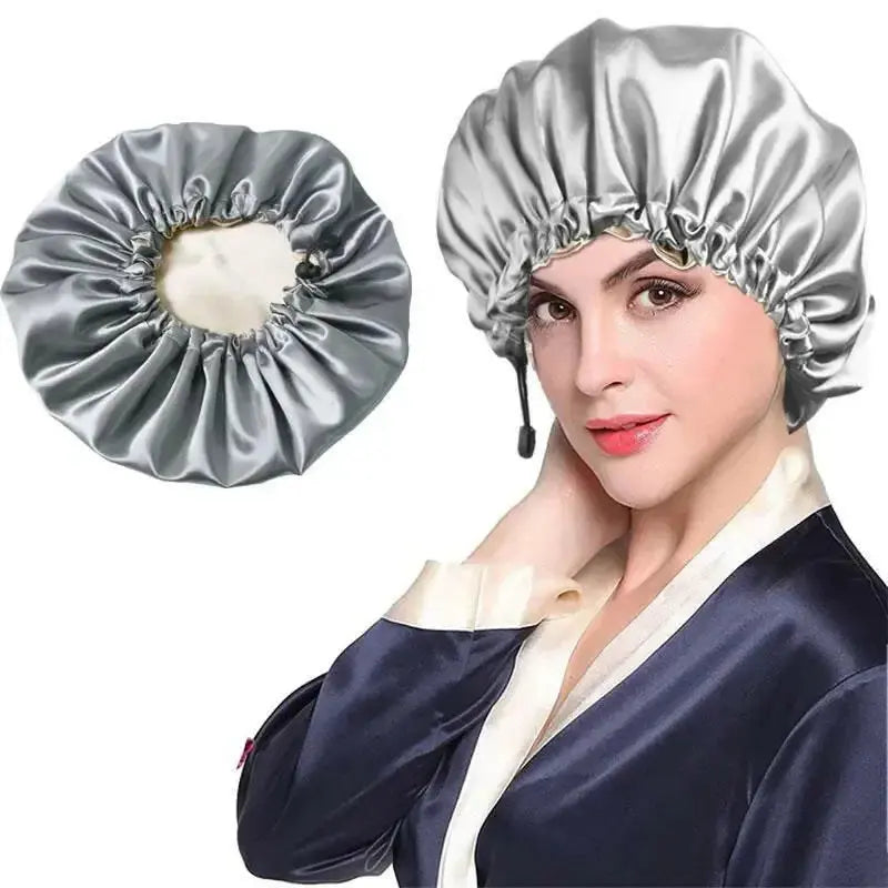 Luxury silk satin hair bonnet and shower cap by Plush Fashion Hub, dual-use scalp protection for hair care and styling.