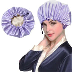 Luxury silk satin hair bonnet and shower cap by Plush Fashion Hub, dual-use scalp protection for gentle, stylish hair care.