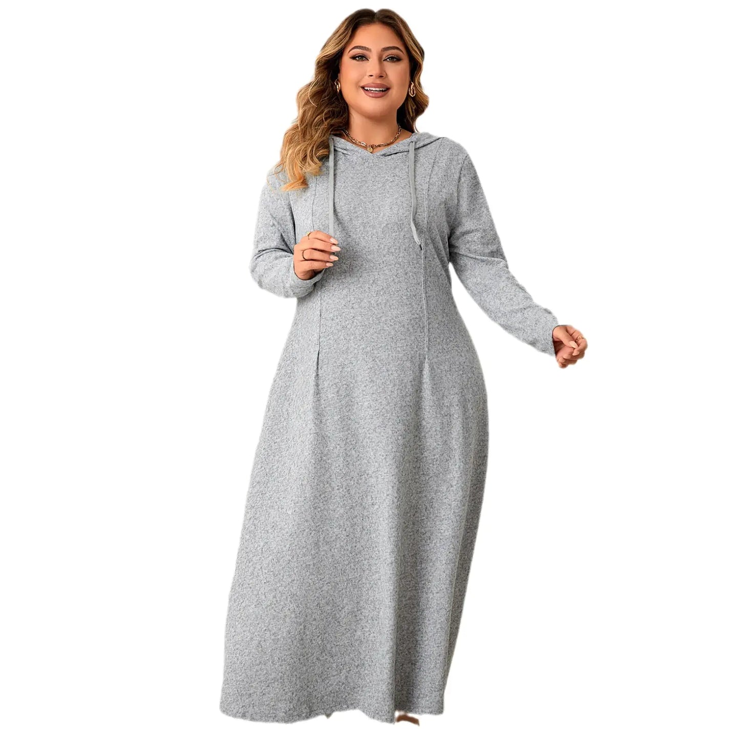 Plus size hooded A-line casual dress for women, autumn fashion, in comfortable, stylish fabric from Plush Fashion Hub.