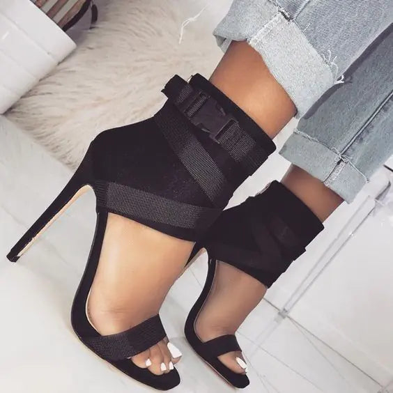 Pair of beige peep-toe strappy high heels for women from Plush Fashion Hub, showcasing stylish summer women's shoes.