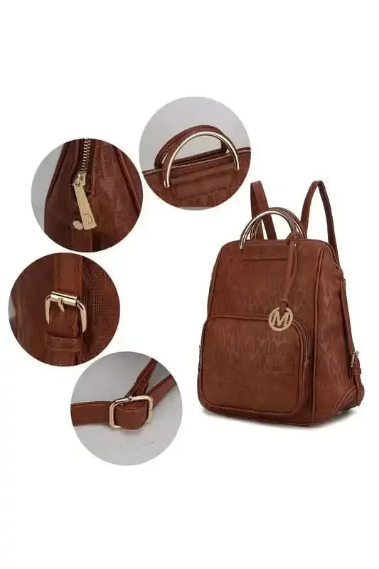 Gilded Glamour Shop Mia Signature vegan leather backpack with gold-tone hardware, stylish and trendy for everyday use.