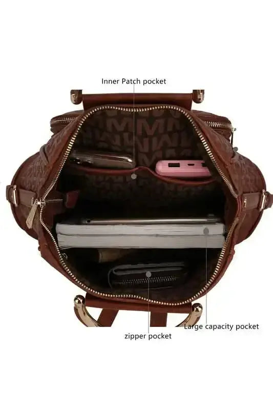 Gilded Glamour Shop Mia Signature vegan leather backpack with gold-tone hardware, trendy design and sophisticated style.