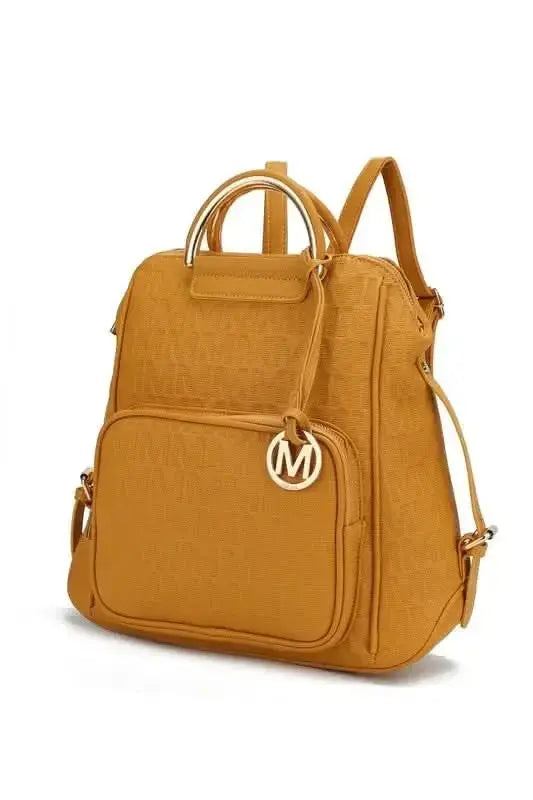 Gilded Glamour Shop Mia Signature vegan leather backpack with sophisticated gold-tone hardware and trendy design.