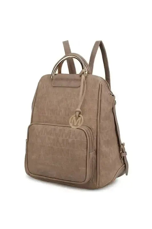Gilded Glamour Shop Mia Signature vegan leather backpack with sophisticated gold-tone hardware, trendy design, and adjustable straps.