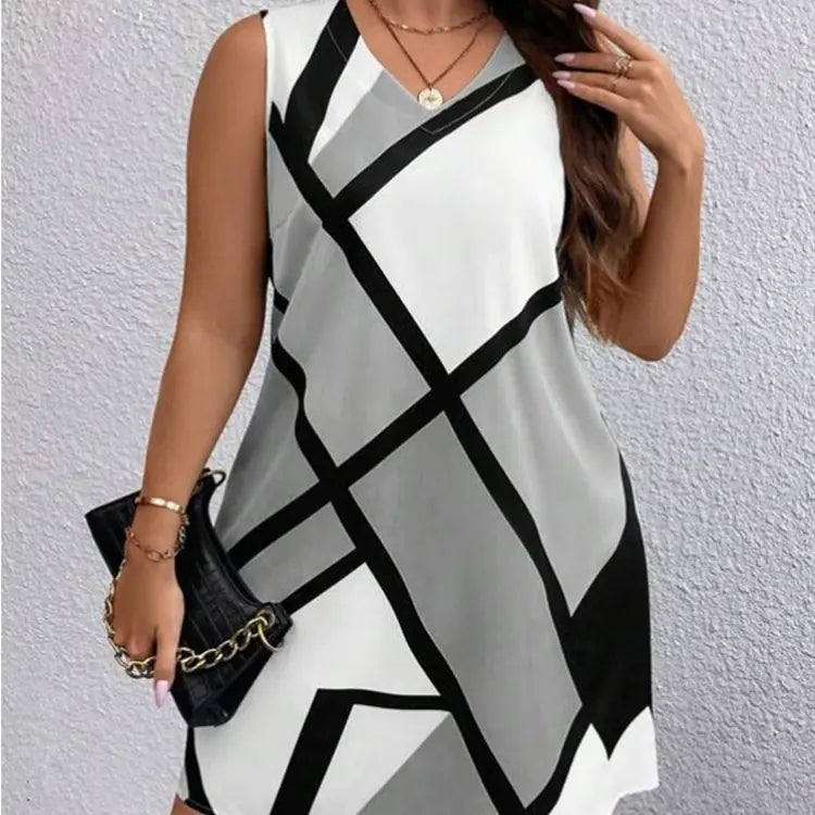 Women’s sleeveless V-neck dress with geometric print, stylish fashion piece from Trendy Attic Store01