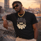 Black men's T-shirt featuring "Man Up Above" design inspired by Colossians 3:2 from Wear Your Worship.