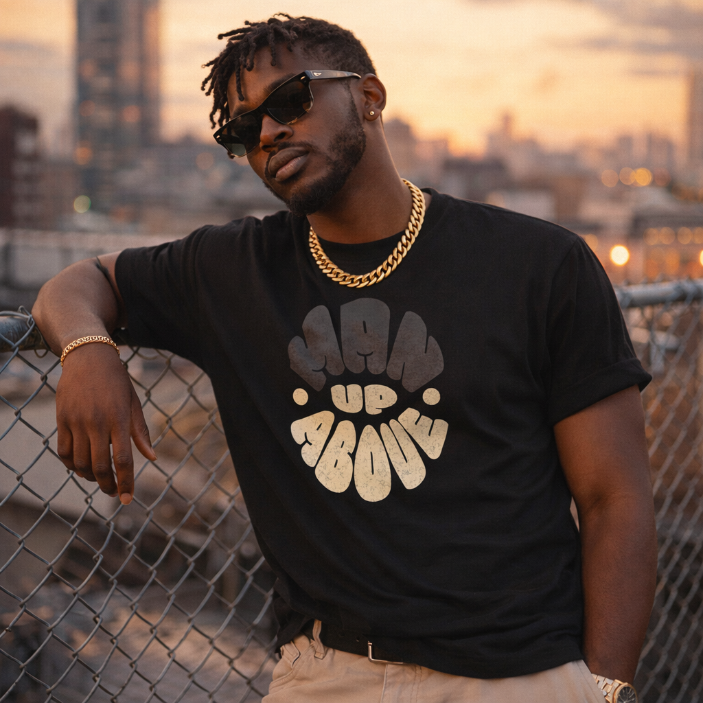 Black men's T-shirt featuring "Man Up Above" design inspired by Colossians 3:2 from Wear Your Worship.