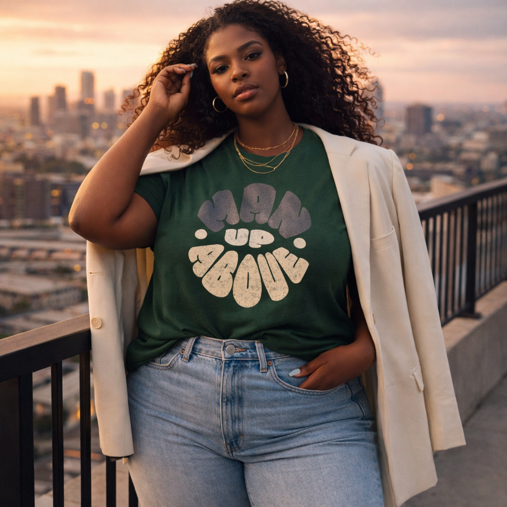 Forest-themed Man Up Above T-Shirt by Plush Fashion Hub featuring Colossians 3:2 inspired faith streetwear design.