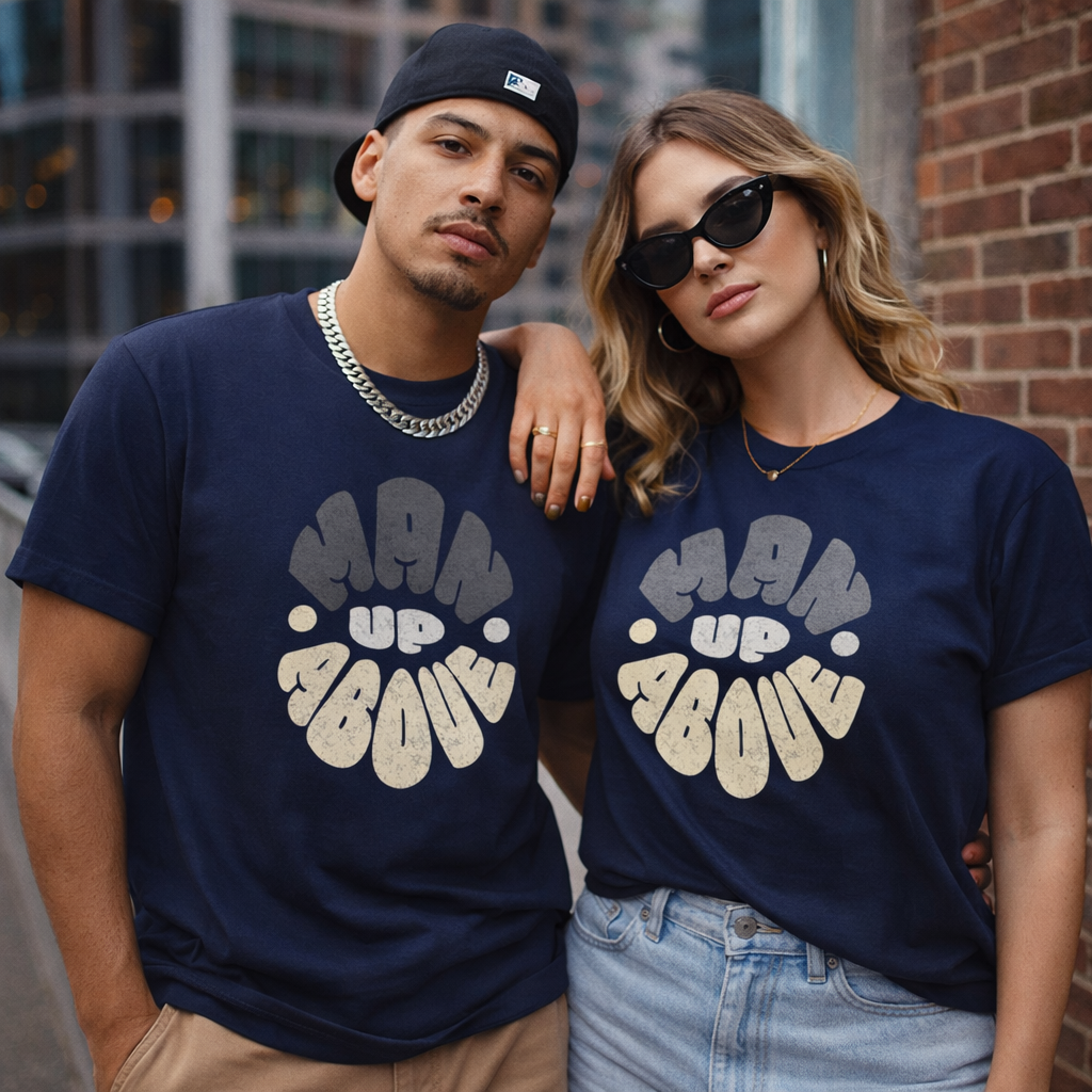 Navy Man Up Above T-Shirt by Wear Your Worship featuring Colossians 3:2 inspired faith streetwear design.