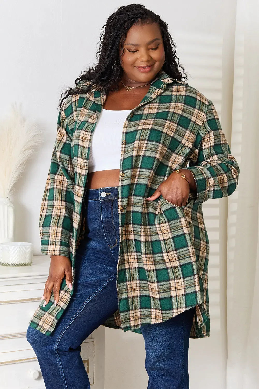Mandy Plaid Collared Neck Long Sleeve Shirt - Plush Fashion Hub