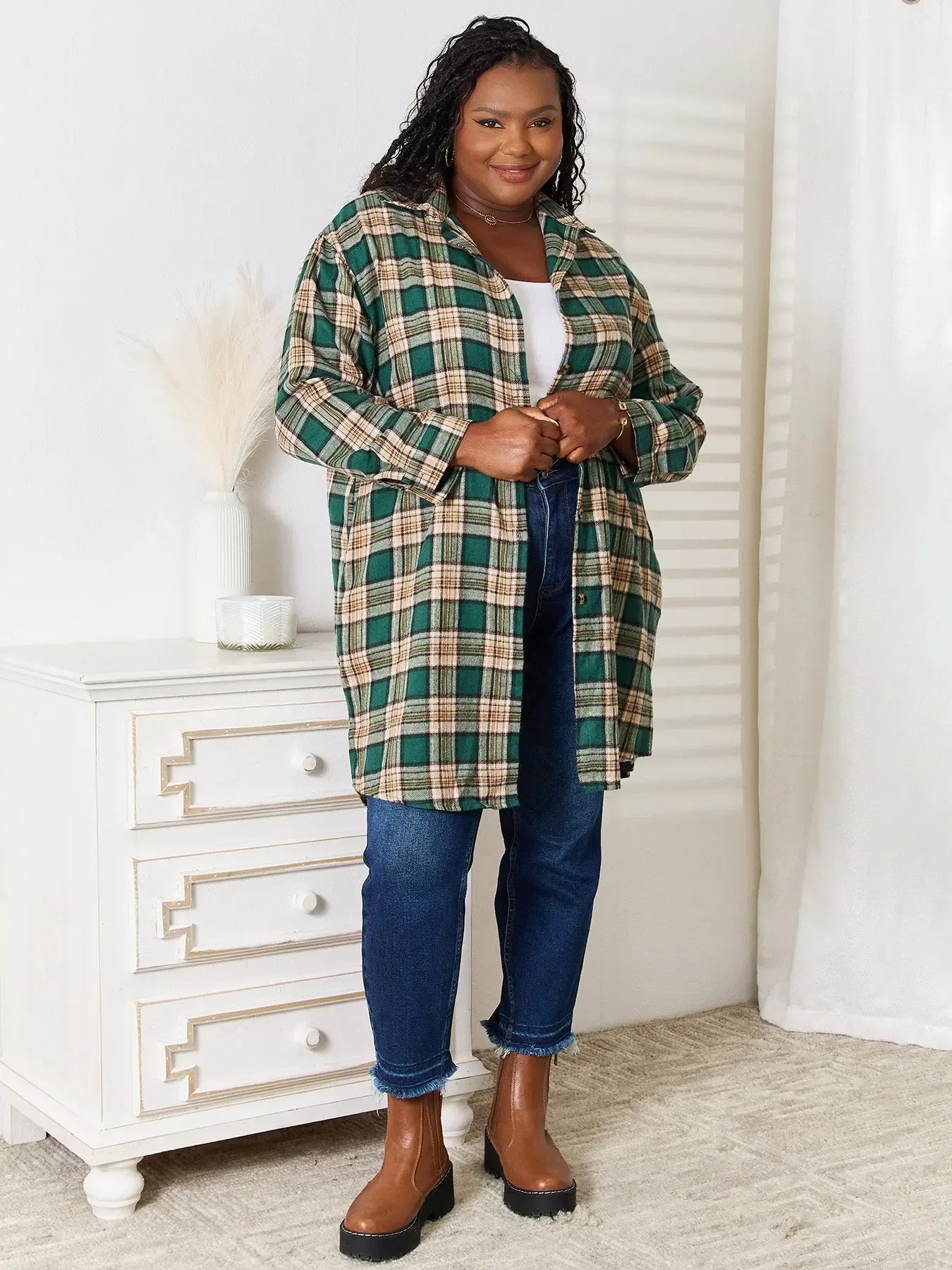 Mandy Plaid Collared Neck Long Sleeve Shirt - Plush Fashion Hub