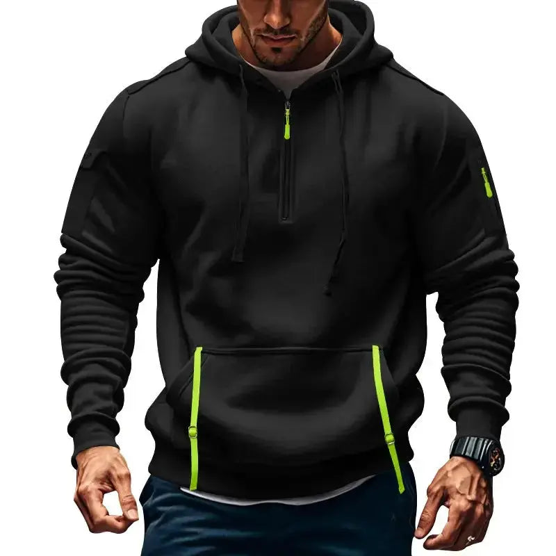 Men's multi-pocket techwear hoodie with zippered arm pockets, casual urban sweatshirt by Plush Fashion Hub.