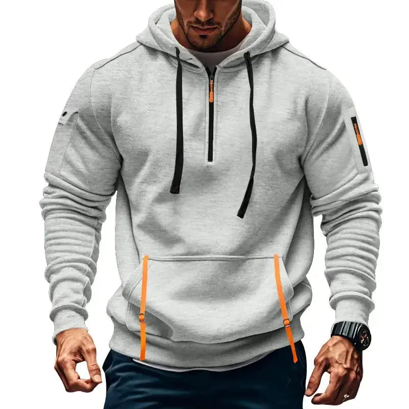 Men's multi-pocket techwear pullover hoodie with zippered arm pockets, urban utility sweatshirt by Plush Fashion Hub.