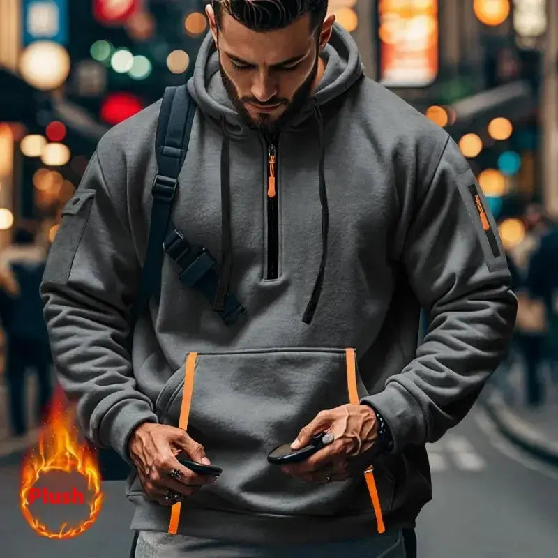 Men's multi-pocket techwear pullover hoodie with zipper arm pockets, urban utility sweatshirt by Plush Fashion Hub.