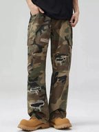 Men's distressed camouflage cargo pants from Plush Fashion Hub featuring rugged cotton streetwear utility and tactical style.
