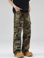 Men's distressed camouflage cargo pants by Plush Fashion Hub, rugged cotton streetwear with utility design and tactical style.