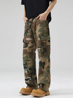 Men's distressed camouflage cargo pants by Plush Fashion Hub, rugged cotton streetwear with utility and rugged style.