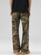 Men's distressed camouflage cargo pants in rugged cotton, streetwear utility style by Plush Fashion Hub.