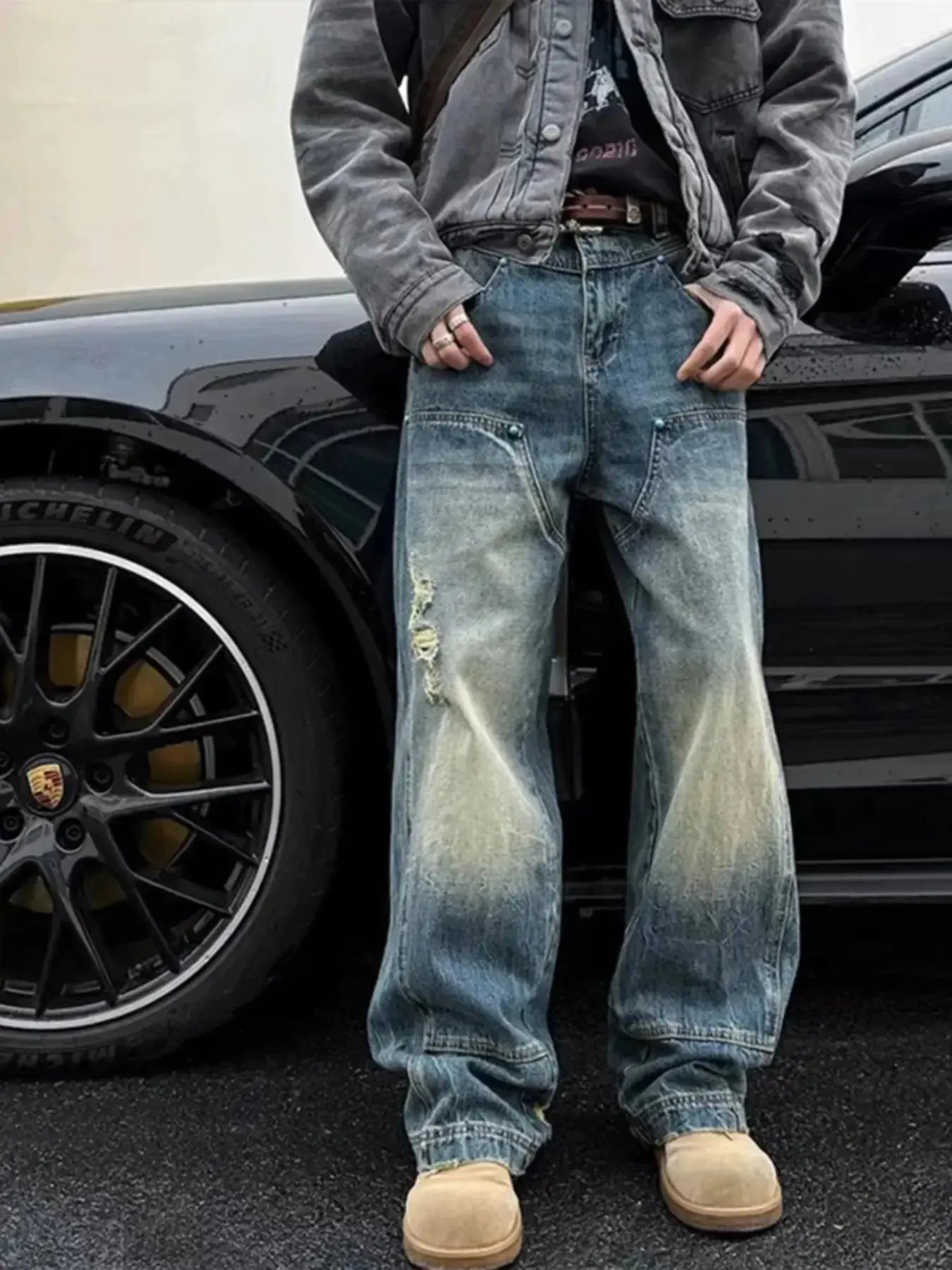 Men's distressed wide-leg jeans by Trendsi featuring a relaxed fit, comfortable denim with ripped details and casual style.