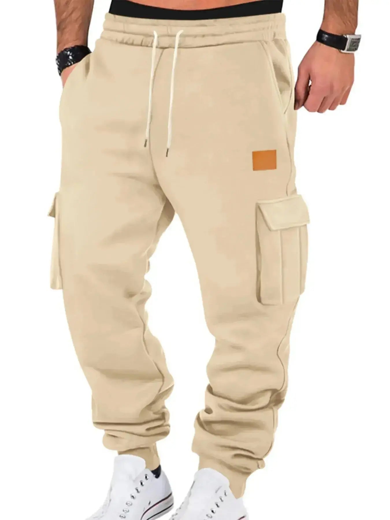 Men's durable cargo jogger pants with drawstring waist by Trendsi, featuring multiple pockets and relaxed fit.