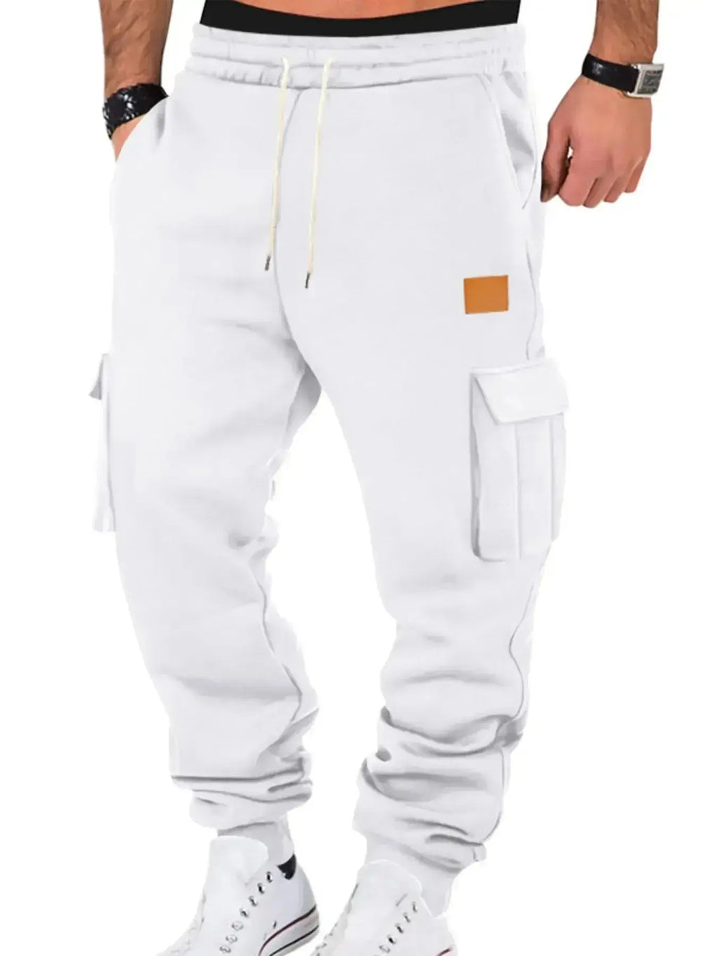 Men's durable cargo jogger pants with drawstring waist, casual style, black color, and functional side pockets.