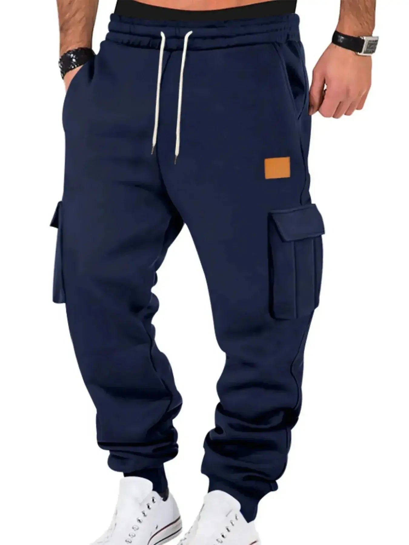 Men's durable cargo jogger pants with drawstring waist, casual athletic style, made by Trendsi, featuring multiple pockets and comfortable fit.