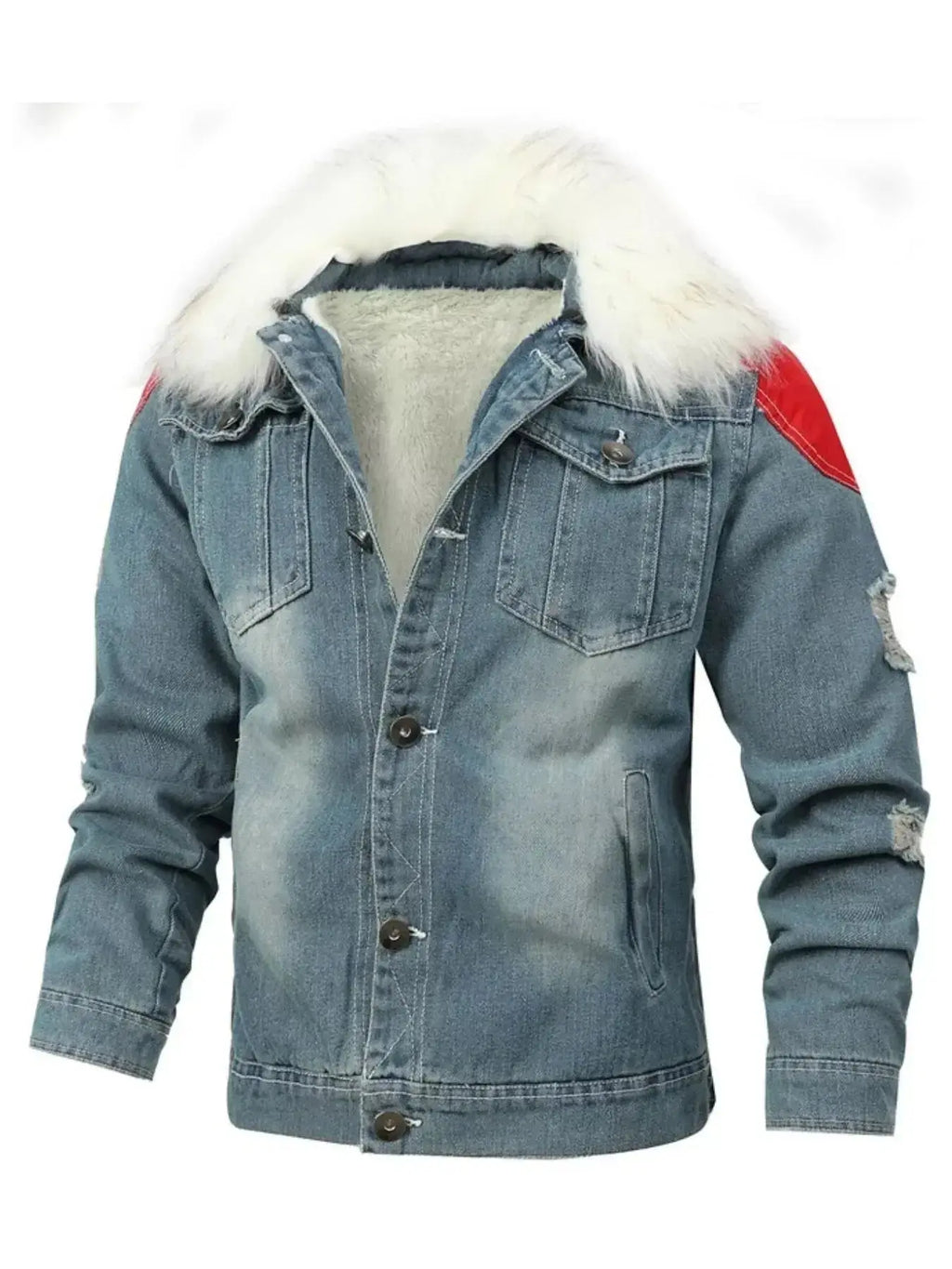Men's insulated denim jacket with faux fur collar, rugged winter outerwear by Trendsi, showcasing the stylish, warm outer layer.