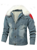 Men's insulated denim jacket with faux fur collar, rugged winter outerwear by Trendsi, showcasing the stylish, warm outer layer.