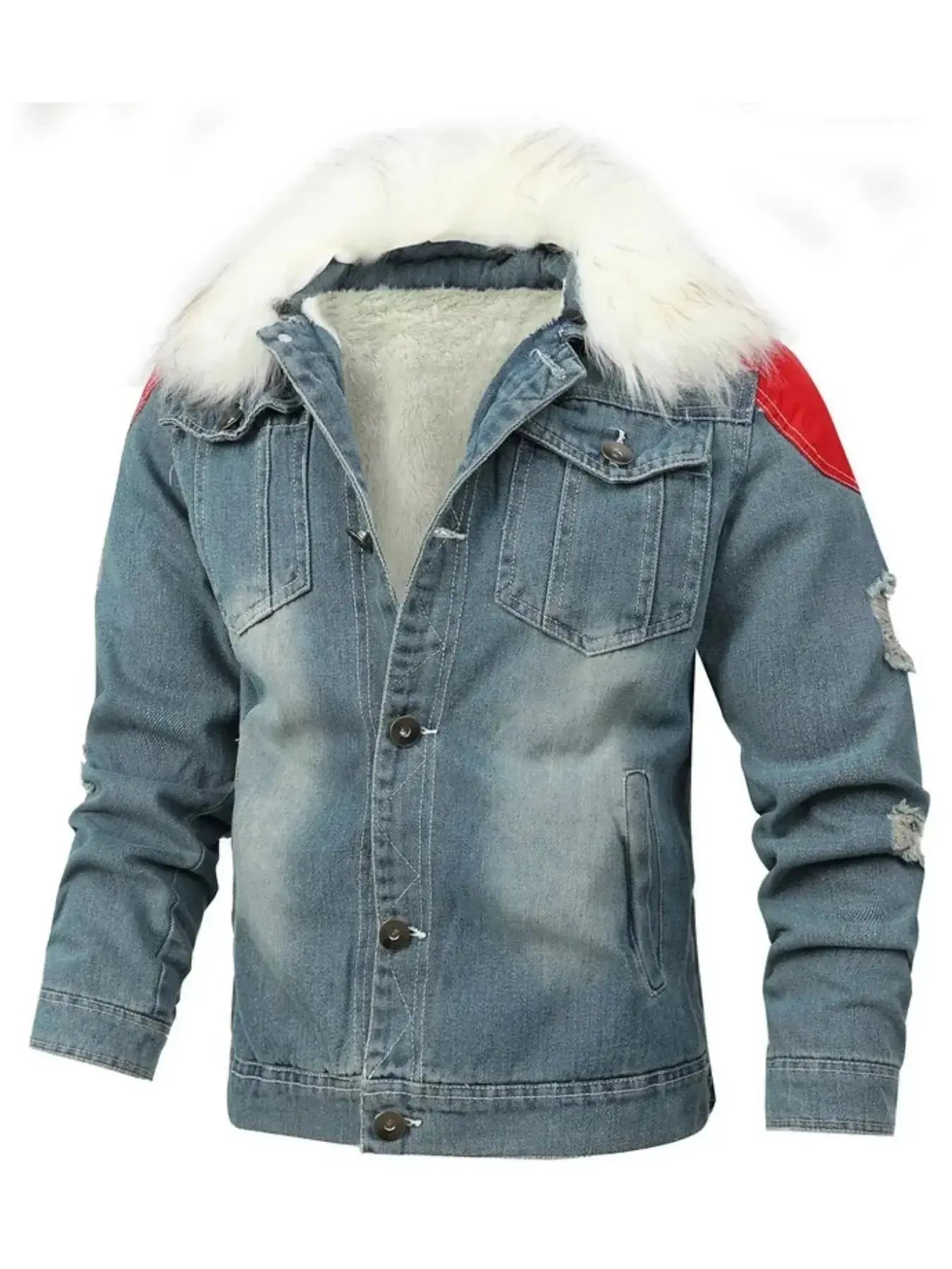 Men's insulated denim jacket with faux fur collar, rugged winter outerwear by Trendsi, showcasing the stylish, warm outer layer.