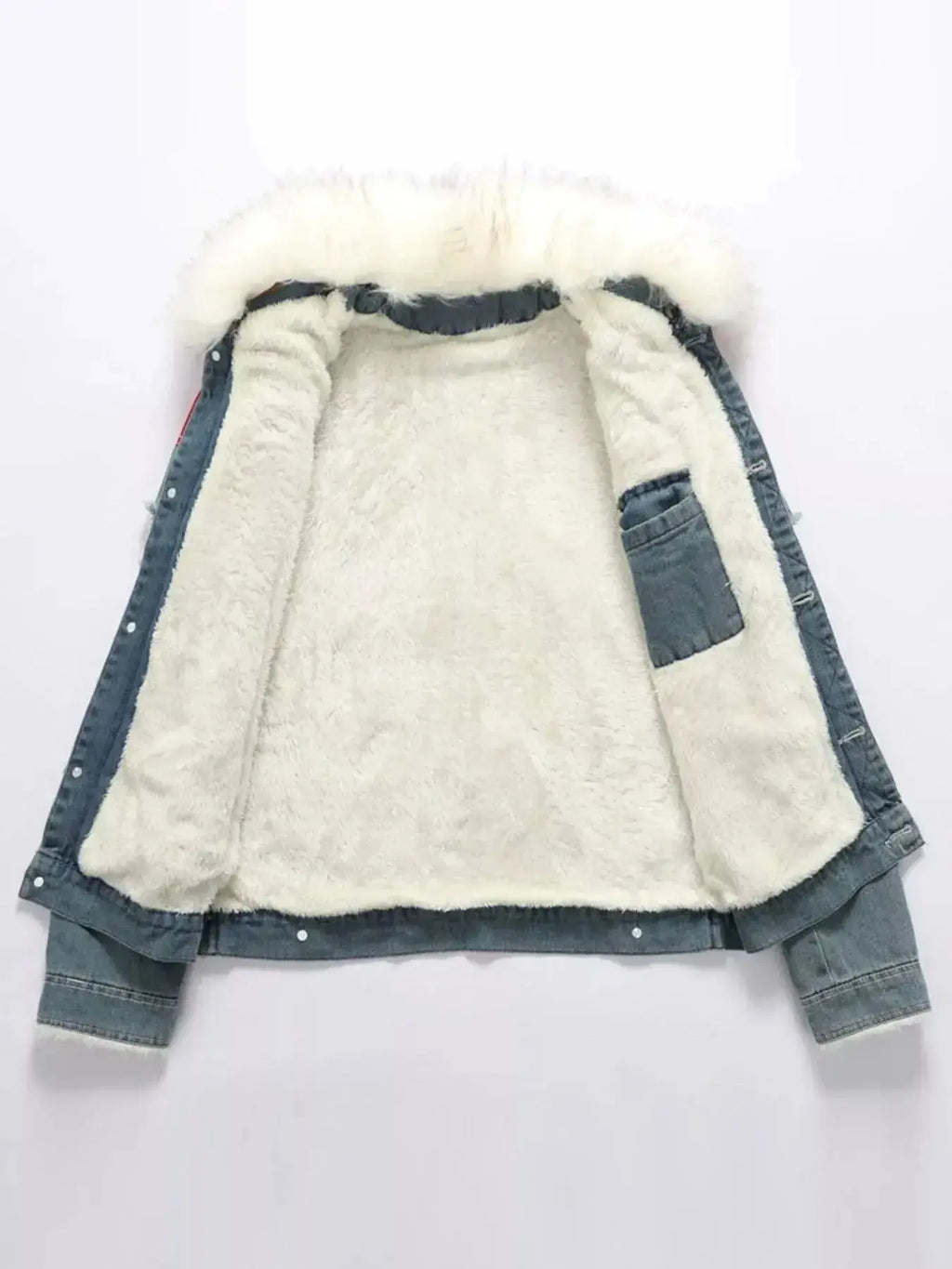 Men's denim jacket with faux fur collar, insulated rugged winter outerwear by Trendsi, featuring a classic blue denim design.