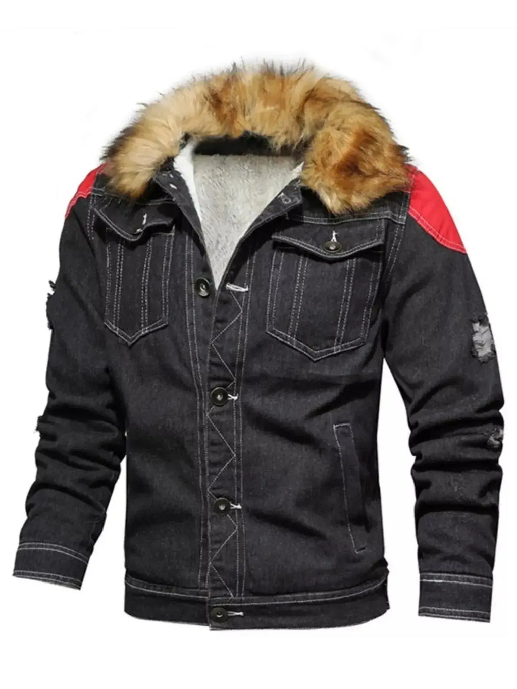 Men's denim jacket with faux fur collar, insulated rugged winter outerwear by Trendsi, featuring durable denim fabric and warm lining.