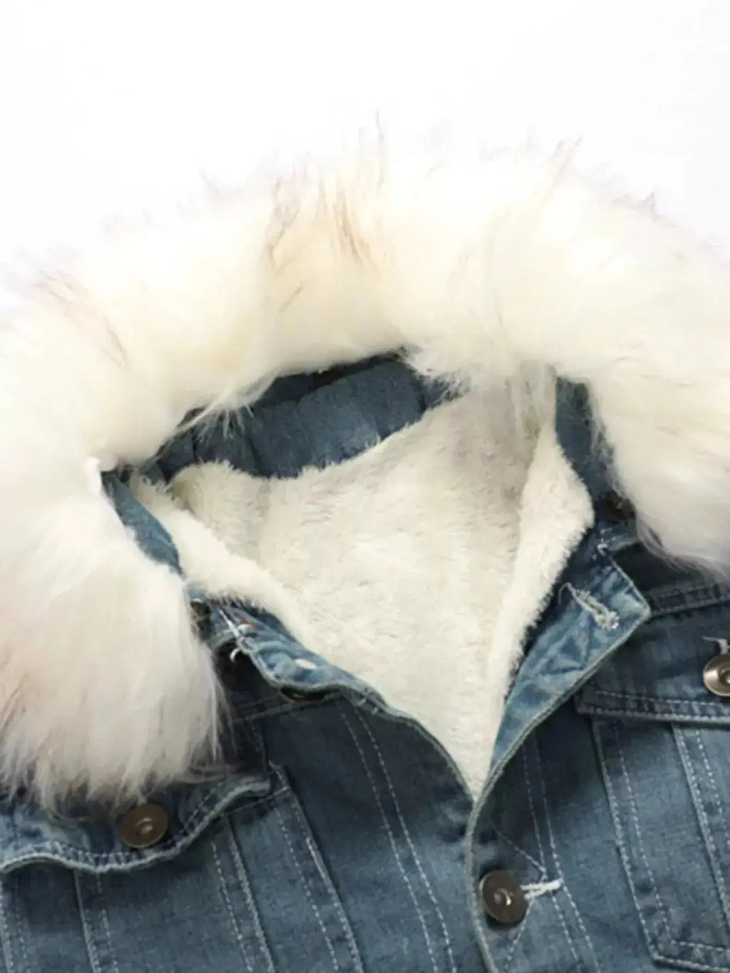 Men's denim jacket with faux fur collar, insulated rugged winter outerwear by Trendsi, designed for warmth and style.